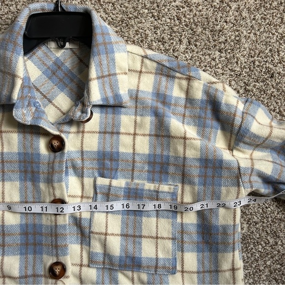 Veveret Blue Cream Plaid Shacket Flannel Jacket Fall Spring Comfy Casual Large - Picture 6 of 7